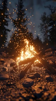 A warm campfire glowing amidst trees with flying sparks.