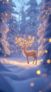 A whimsical reindeer adorned with glowing lights in a snowy forest.