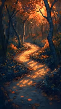 A winding path through a serene autumn forest at sunset.