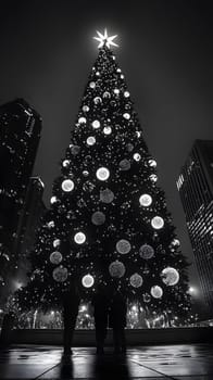 Black and white image of a lit Christmas tree at night.
