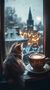 Cozy winter scene with a cat, coffee, and a snowy city view.