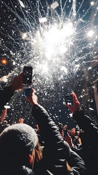 Crowd celebrating with phones raised under falling confetti.