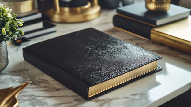 Black journal featuring a textured metallic sticker on a stylish desk adorned with gold accents, modern decor, and luxury items, creating a sophisticated and professional workspace ambiance.