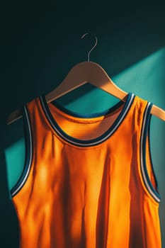 A high-quality basketball jersey displayed on a wooden hanger, showcasing the fabric's premium quality and detailed stitching. soft lighting accentuates the vibrant red, white, and blue colors, the craftsmanship and design.