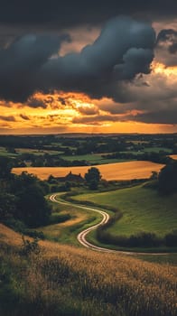 Scenic winding road through fields under a dramatic sunset sky.
