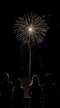Silhouetted figures watching a vibrant firework display at night.