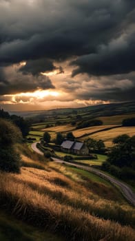 Serene landscape with rolling hills and a quaint farmhouse under clouds.