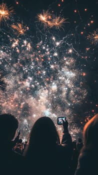 Spectacular fireworks illuminate the night sky, enjoyed by onlookers.