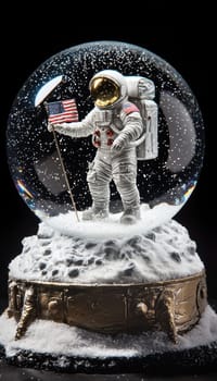 Snow globe features an astronaut planting a flag on a snowy lunar surface, with shimmering stars swirling inside. the base is a metallic design resembling a spacecraft, perfect for space enthusiasts and collectors of unique decor.
