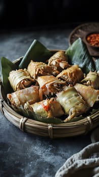A bamboo basket filled with delicious fried spring rolls.