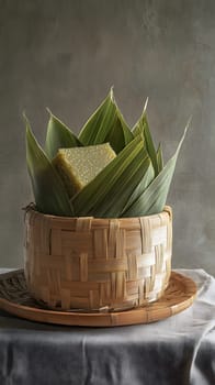 A bamboo basket with green leaves and a block of cheese inside.