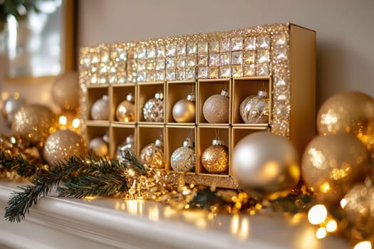 Festive advent calendar featuring compartments filled with sparkling ornaments on a mantle, adorned with golden garlands and fairy lights. a perfect holiday centerpiece with decorative trees and shimmering seasonal accents.