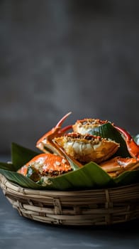 A basket of crabs garnished with leaves for a delicious seafood dish.