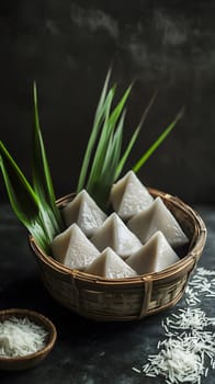 A basket of pyramid-shaped rice cakes with green leaves.