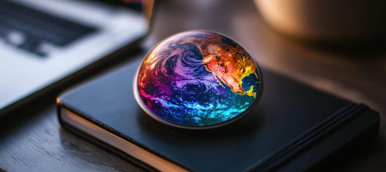 Holographic circular globe sticker on a matte black notebook, reflecting soft lighting. the futuristic design adds a tech-inspired aesthetic, modern themes and innovative concepts with subtle, stylish reflections.