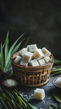A basket of white cubes, likely a dessert, surrounded by green leaves.