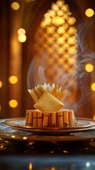 A beautifully arranged dessert with decorative elements and ambiance.