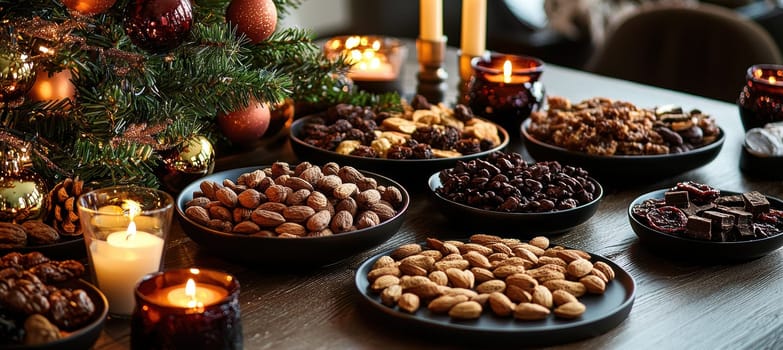Festive dining table displaying an elegant advent calendar with artisanal snacks including nuts, dried fruits, and chocolates. surrounded by glowing candles and holiday decor, creating a cozy and inviting atmosphere for seasonal celebrations.