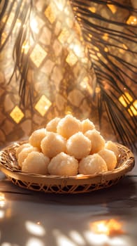 A beautifully arranged platter of traditional sweets in soft lighting.