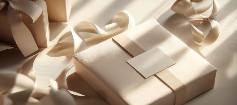 A high-quality mockup showcasing a rectangular sticker on a gift bag, surrounded by sophisticated wrapping paper and ribbons. ideal for branding presentations or holiday packaging concepts, featuring neutral and gold tones.