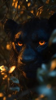 A close-up of a black panther's face among foliage at dusk.