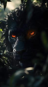 A close-up of a dark lion's face with glowing orange eyes in foliage.