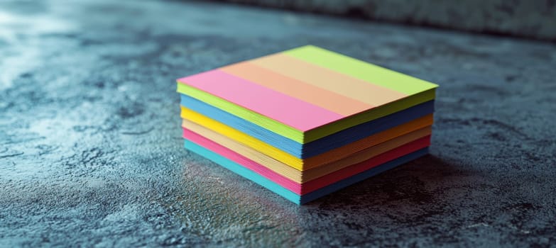 A neatly arranged stack of vibrant rectangular stickers sits on a smooth concrete surface. the vivid colors contrast with the rough texture, creating a clean and modern aesthetic ideal for creative design projects and presentations.
