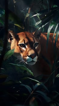 A close-up of a lioness camouflaged in dense jungle foliage.