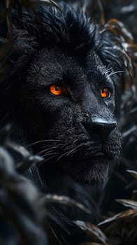 A close-up of a majestic black lion with glowing orange eyes.