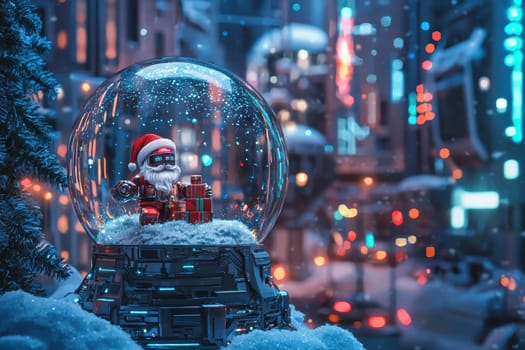 A unique snow globe depicting a robotic santa delivering gifts amidst a snowy, neon-lit cyberpunk cityscape. the globe features sleek metallic designs and vibrant neon lighting effects, blending traditional holiday themes with futuristic elements.