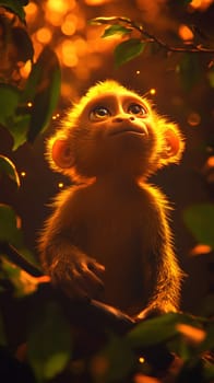 A curious baby monkey gazes thoughtfully amidst glowing foliage.