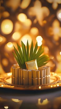 A decorative arrangement featuring a golden item and palm leaves.