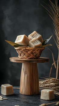 A decorative basket of square confections on a wooden pedestal.