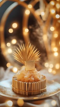 A decorative dessert with golden accents and soft lighting.