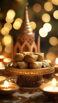 A decorative plate of baklava surrounded by candles and festive lights.