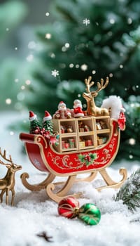 An advent calendar shaped like santa's sleigh, featuring compartments with miniature gifts and candies. the setup includes festive reindeer figurines and a snowy scene, creating a whimsical holiday display ideal for kids.