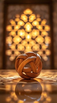A decorative woven ball on an intricate patterned surface.