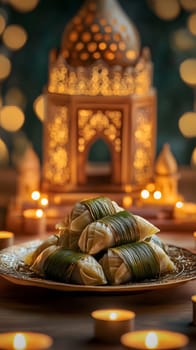 A festive arrangement of traditional sweets and decorative lanterns.