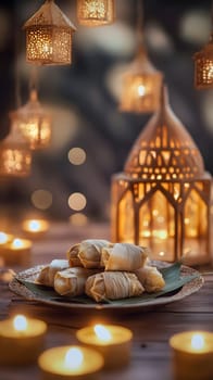 A festive display featuring sweet pastries and lanterns.
