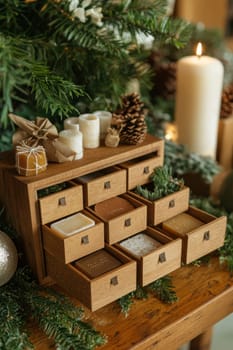 Eco-friendly advent calendar crafted from recycled materials features small drawers filled with handmade soaps and sustainable gifts, artistically displayed on a wooden table adorned with greenery, emphasizing an eco-conscious holiday theme.