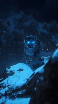 A glowing snow leopard prowls through a snowy mountain landscape.