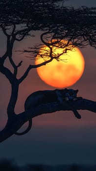 A lion resting on a branch with a sunset in the background.