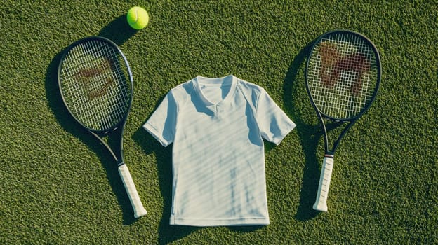 Tennis apparel and accessories arranged on a grass court. includes a jersey flanked by rackets and a tennis ball. ideal for sports branding, emphasizing an outdoor athletic theme with vibrant orange accents.