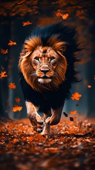 A majestic lion running through an autumn forest with falling leaves.