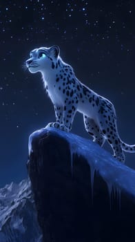 A majestic snow leopard stands on a rocky peak under a starry sky.