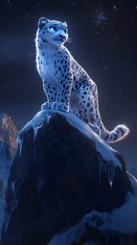 A majestic snow leopard stands atop a snowy mountain peak.