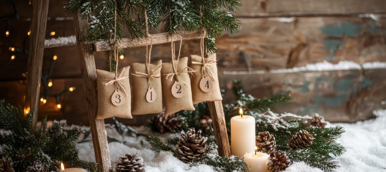 Burlap pouches numbered 8, 7, 7, 2 hang on a wooden ladder as an advent calendar. pine branches, snow, and a lit candle create a cozy winter ambiance, perfect for holiday decoration inspiration with a touch of rustic charm.