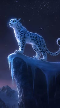 A majestic snow leopard stands on an icy cliff under a starry sky.