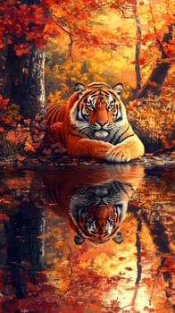 A majestic tiger resting by a serene autumn lake.