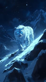A mystical snow leopard traverses a snowy mountain landscape.